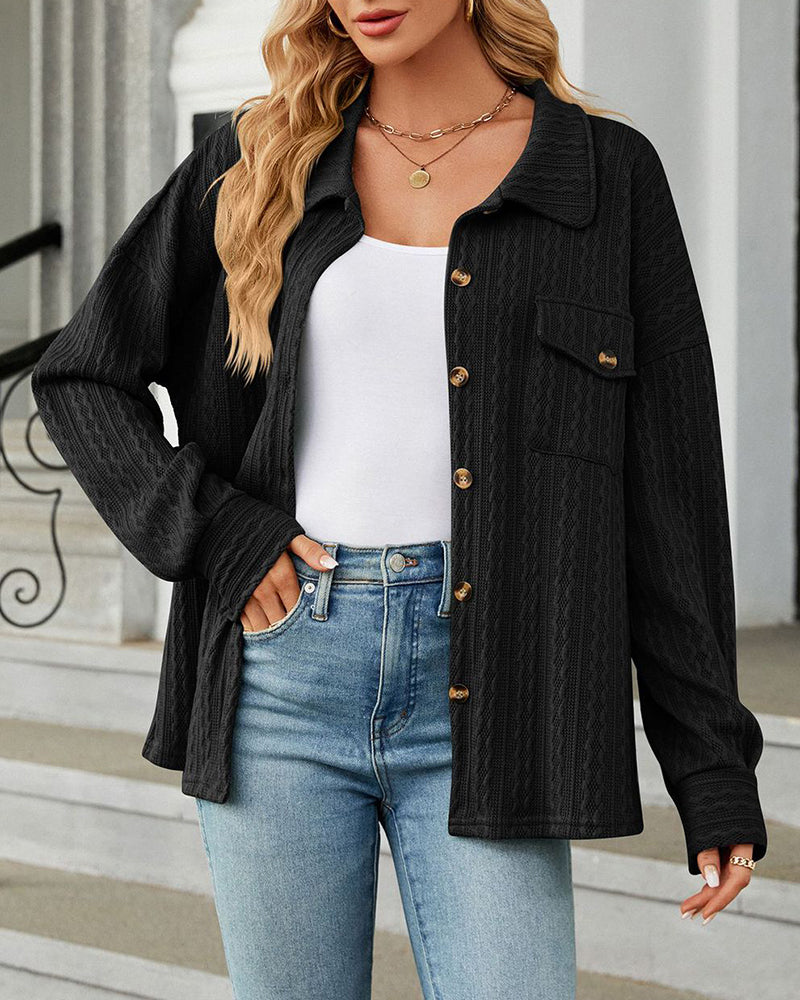 Solid Color Turn-Down Collar Twisted Knit Long Sleeve Loose Jacket – Black Solid Color Turn-Down Collar Twisted Knit Long Sleeve Loose Jacket – Black