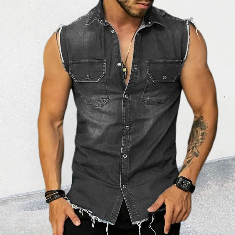 Men’s Vintage Washed Raw Edge Lapel Sleeveless Denim Shirt M Men’s Vintage Washed Raw Edge Lapel Sleeveless Denim Shirt M