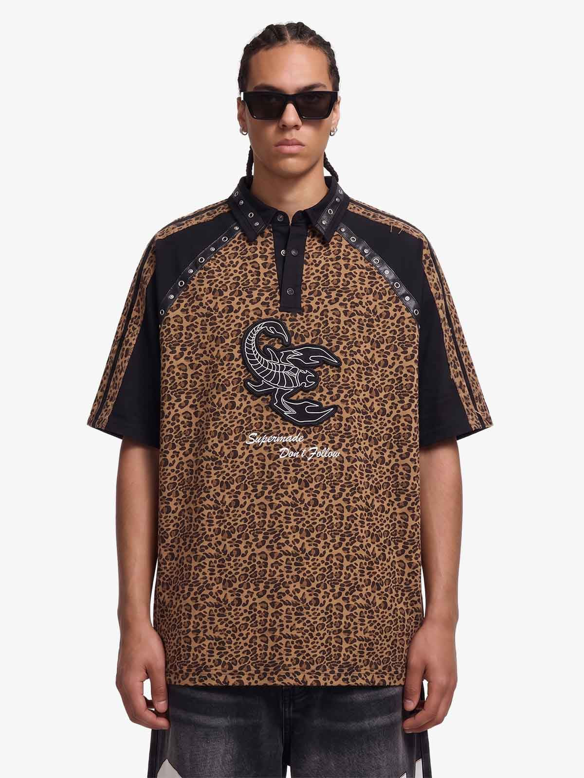 Vintage Leopard Scorpion Graphic Oversized Polo Shirt Vintage Leopard Scorpion Graphic Oversized Polo Shirt