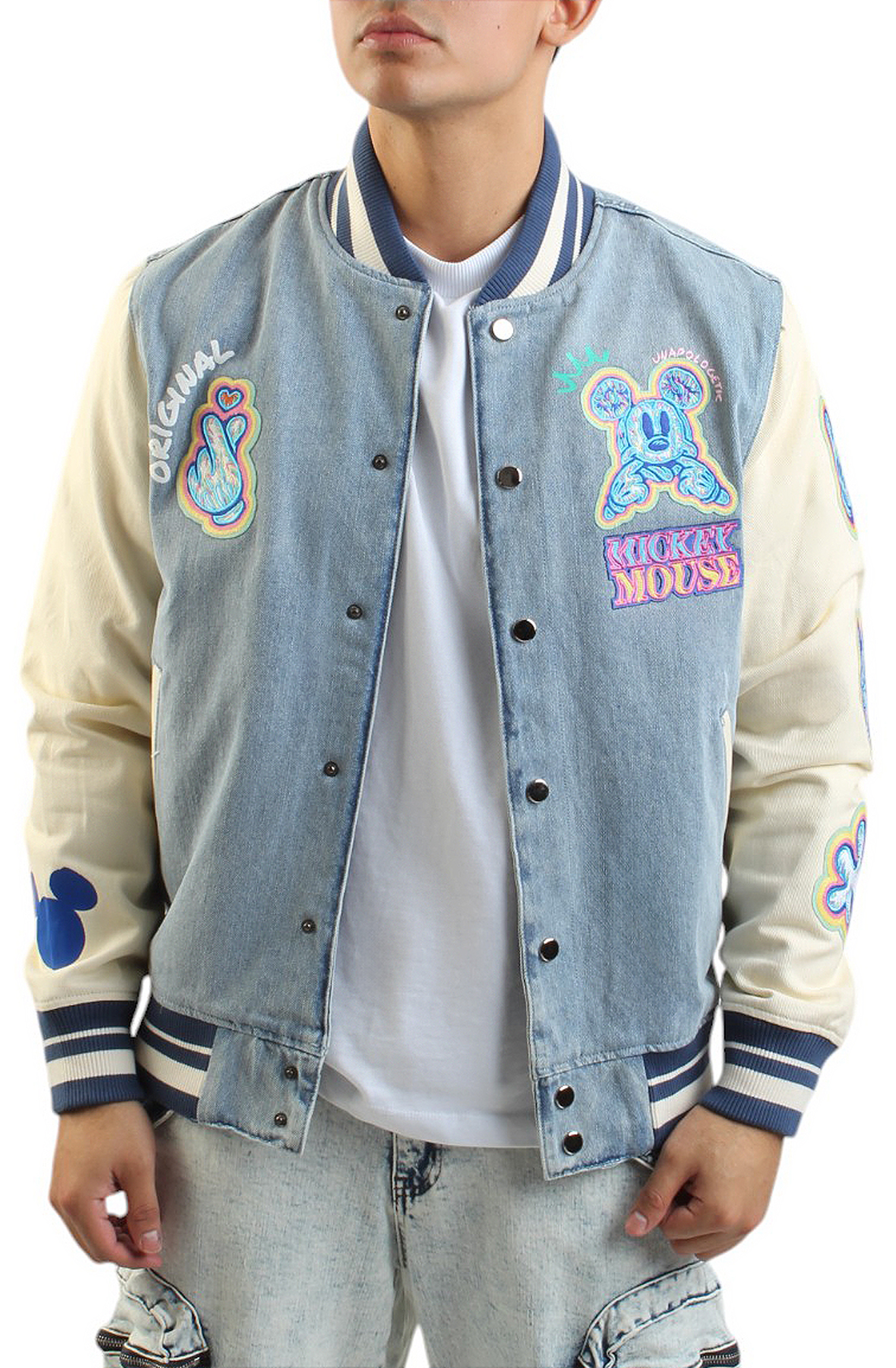 Men Mickey Mouse Denim Varsity Jacket Denim Jackets Denim