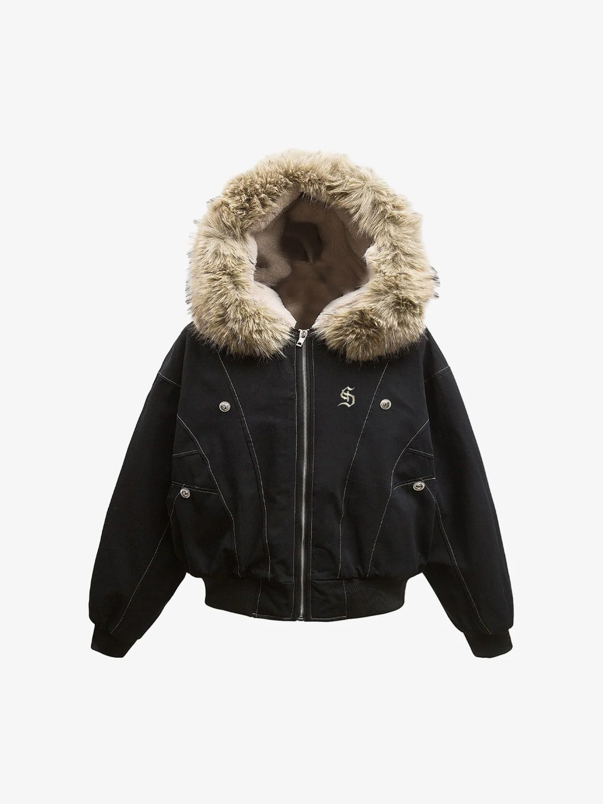 Faux Fur Lined Zip Up Winter Hooded Bomber Jacket Faux Fur Lined Zip Up Winter Hooded Bomber Jacket