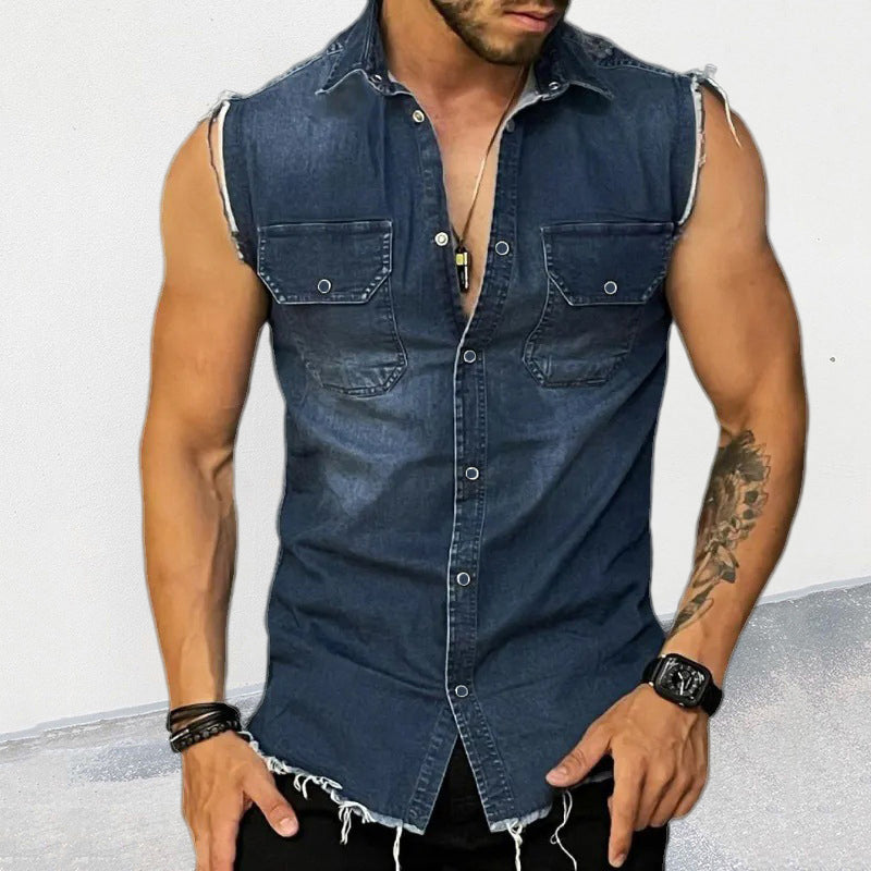 Men’s Vintage Washed Raw Edge Lapel Sleeveless Denim Shirt M Men’s Vintage Washed Raw Edge Lapel Sleeveless Denim Shirt M