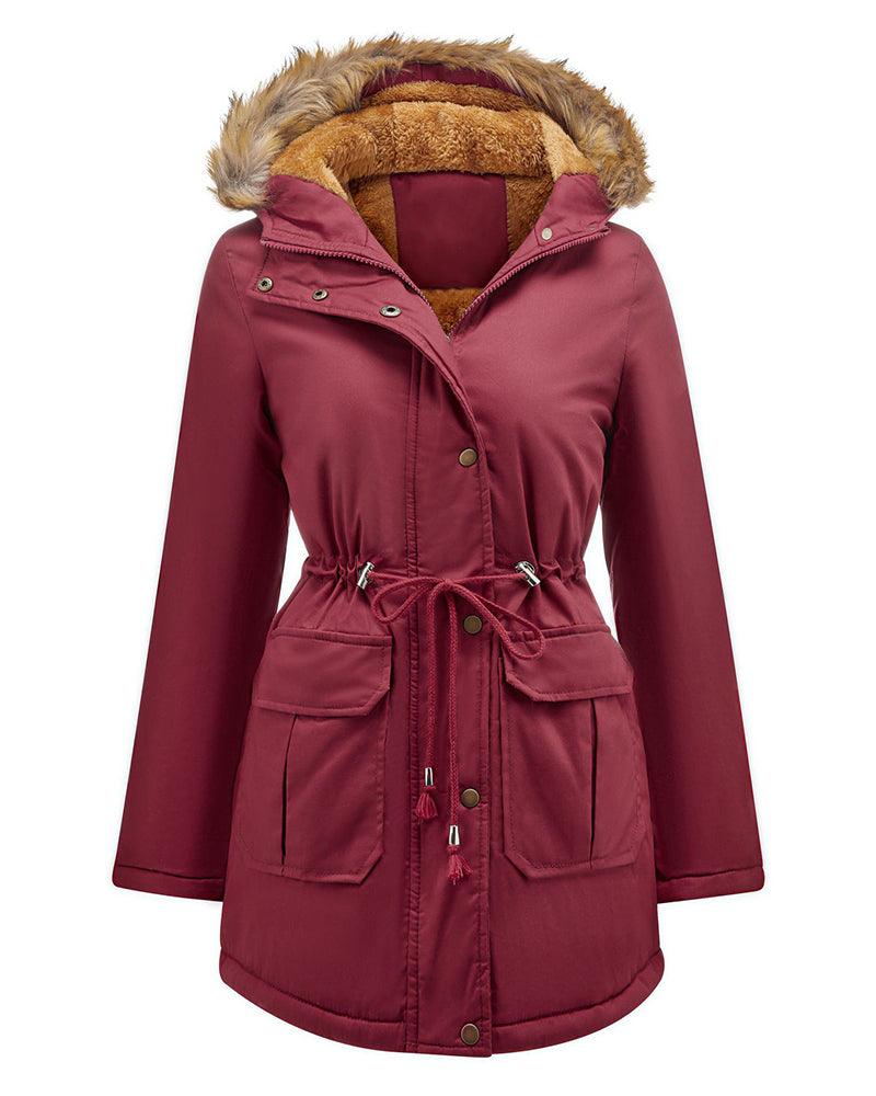 Faux Fur Hood Parka Jacket – Wine Red Faux Fur Hood Parka Jacket – Wine Red