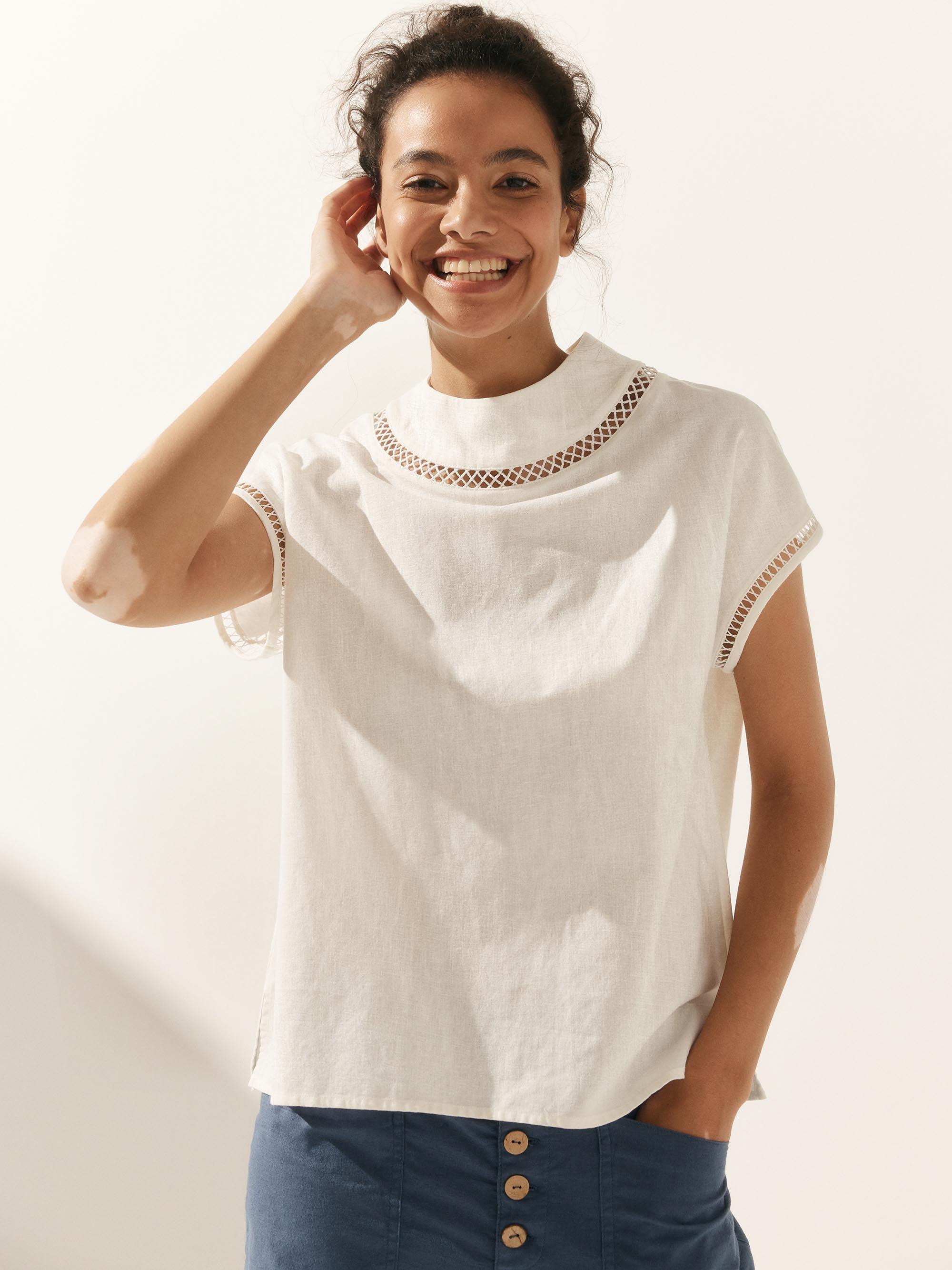 % Linen Gingham Checked Cutout Turtleneck Top CAROL % Linen Gingham Checked Cutout Turtleneck Top CAROL