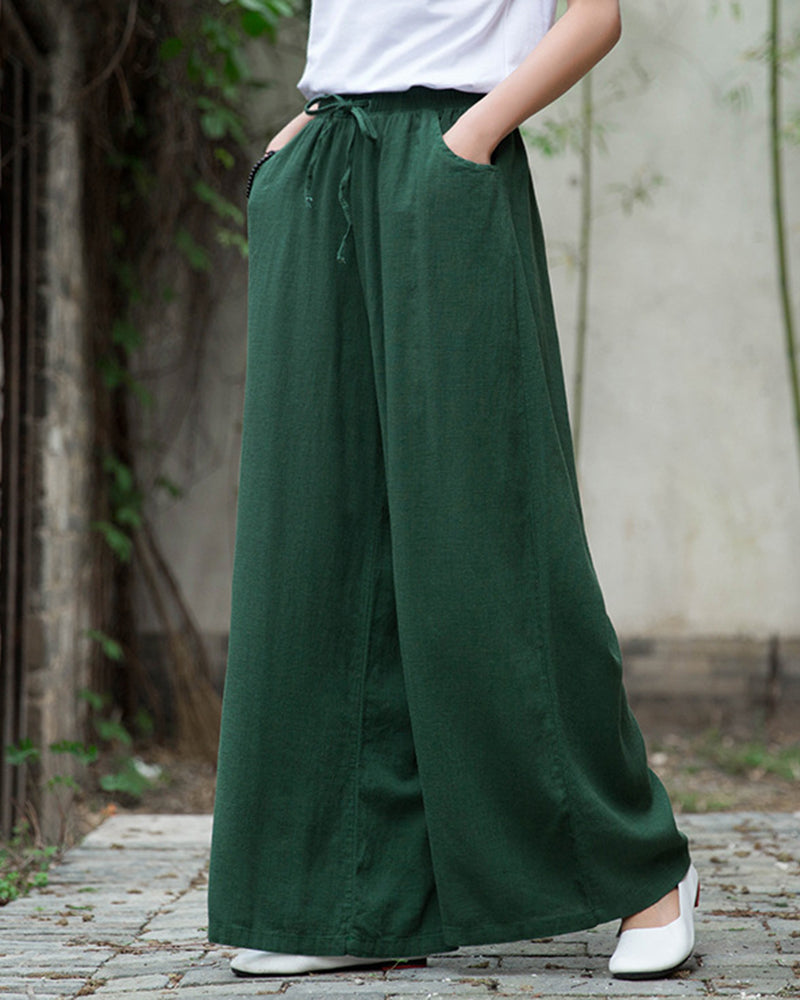 Wide Leg Pants Casual Drawstring Lounge Palazzo Loose Trousers – Green S Wide Leg Pants Casual Drawstring Lounge Palazzo Loose Trousers – Green S
