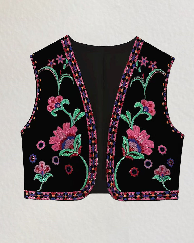 Retro Floral Embroidered Gillet Ethnic Weatern Vest Jacket Sleeveless Cardigan Crop Top – PAT S Retro Floral Embroidered Gillet Ethnic Weatern Vest Jacket Sleeveless Cardigan Crop Top – PAT S