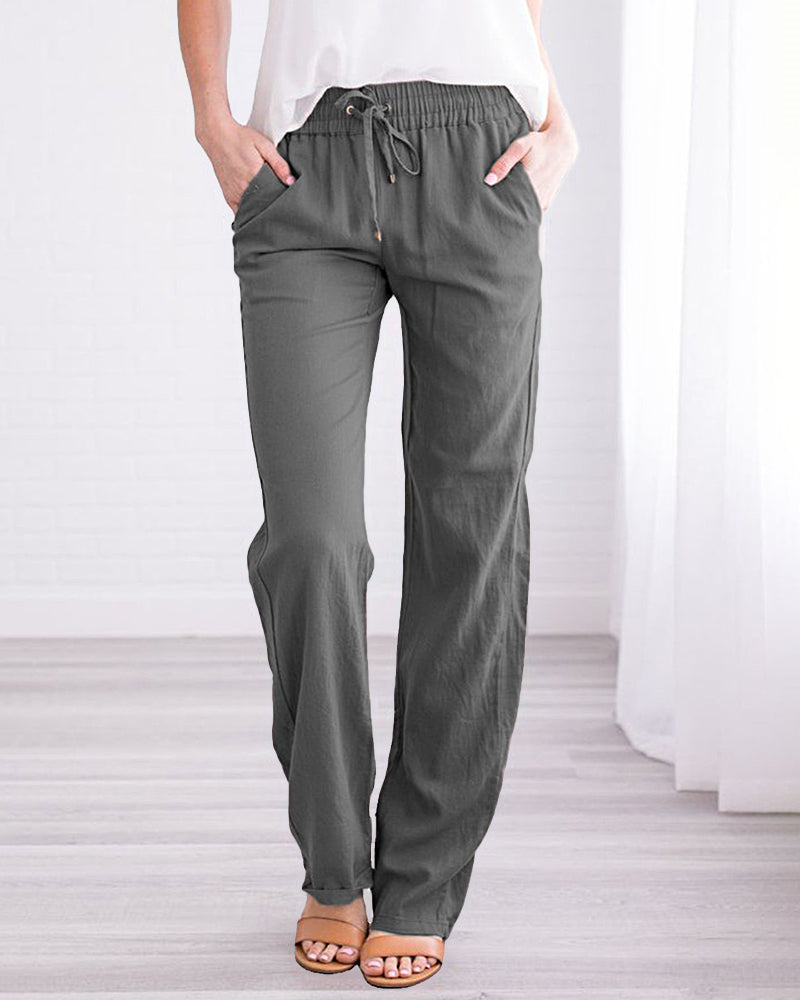 Solid Color Drawstring Elastic Waist Pants Casual Trousers with Pockets – Grey L- Solid Color Drawstring Elastic Waist Pants Casual Trousers with Pockets – Grey L-