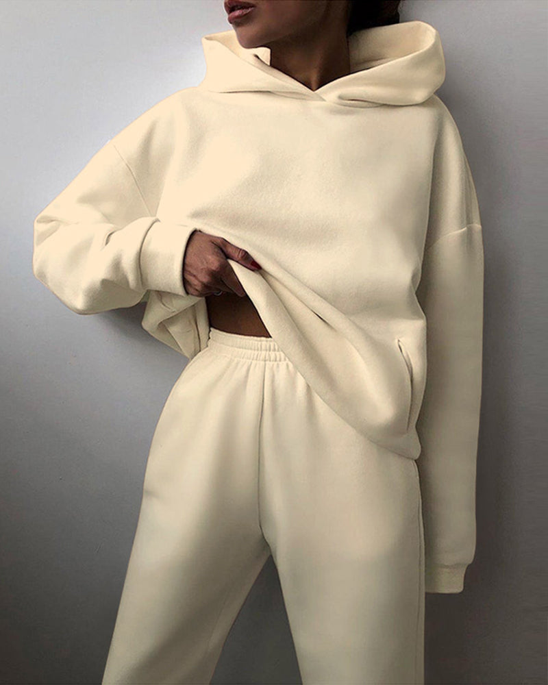 Zeagoo Casual Solid Color Long Sleeve Hooded Sports Suit Hoodie Sweatshirt Two Piece Set – Beige Zeagoo Casual Solid Color Long Sleeve Hooded Sports Suit Hoodie Sweatshirt Two Piece Set – Beige