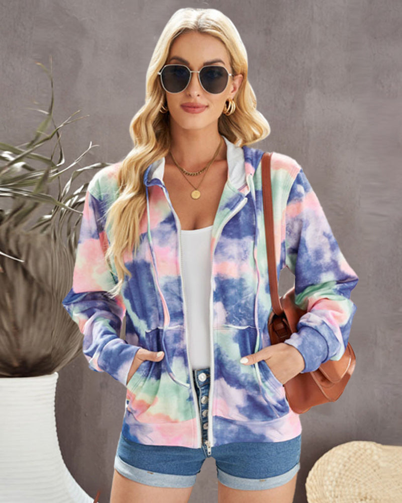 Tie-dye Hoodie Zip Up Casual Jacket Active Sweatshirt – Purple S