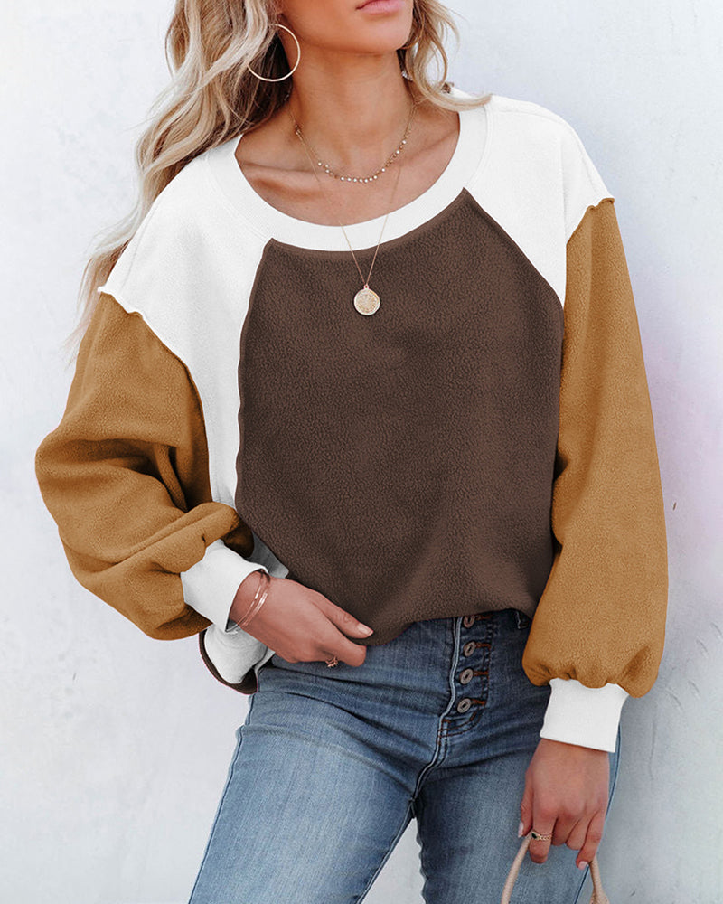 Zeagoo Colorblock Bishop Sleeve Sweatshirt Plush Stitching Jumper Crop Top – Brown M Zeagoo Colorblock Bishop Sleeve Sweatshirt Plush Stitching Jumper Crop Top – Brown M