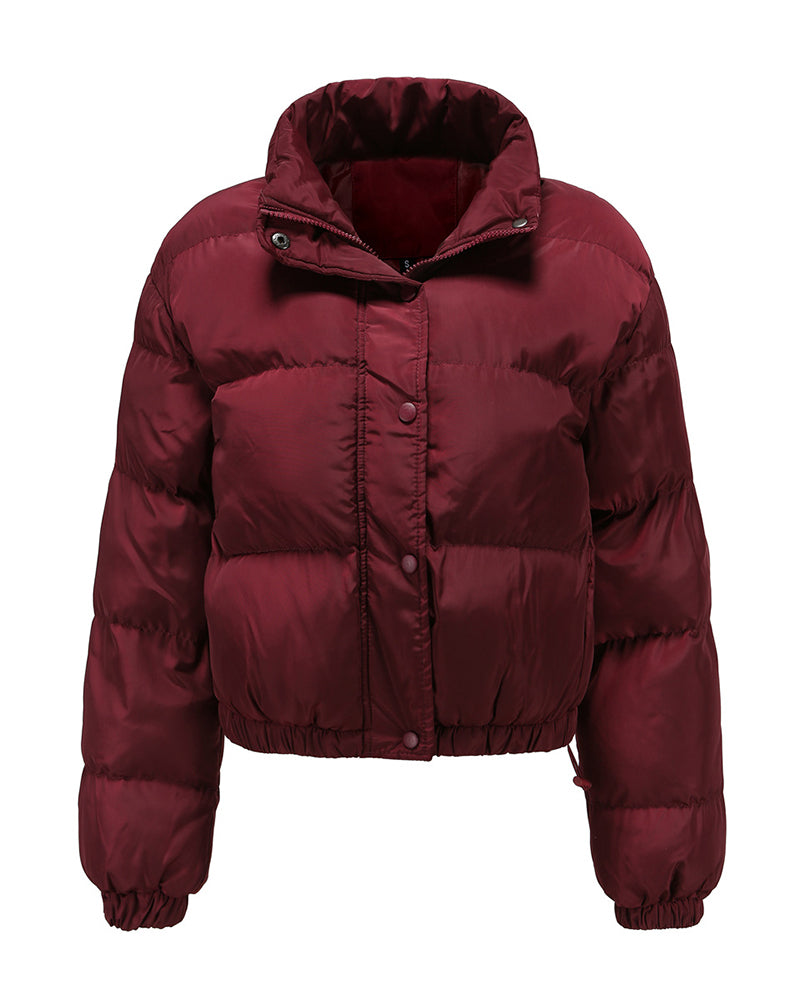 Short Puffer Jacket Stands Up Button Zipper Outerwear – Wine Red M Short Puffer Jacket Stands Up Button Zipper Outerwear – Wine Red M
