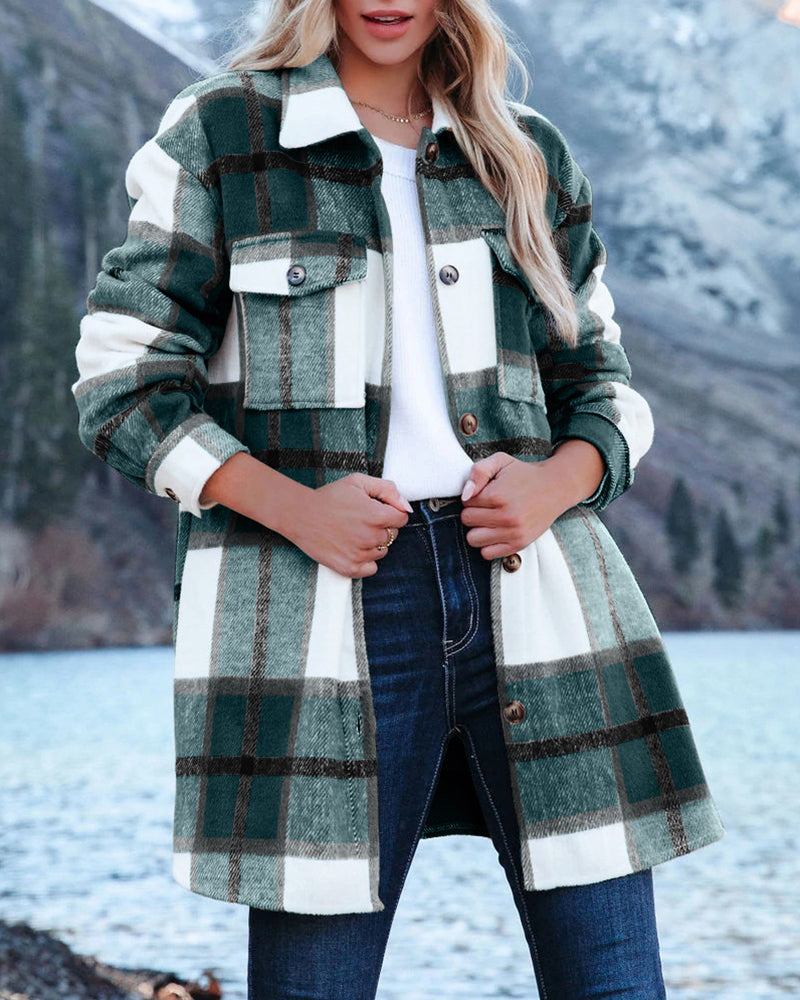 Flannel Shacket Jacket Plaid Lapel Button Down Long Sleeve Oversized Shirts with Pocket – Green L- Flannel Shacket Jacket Plaid Lapel Button Down Long Sleeve Oversized Shirts with Pocket – Green L-