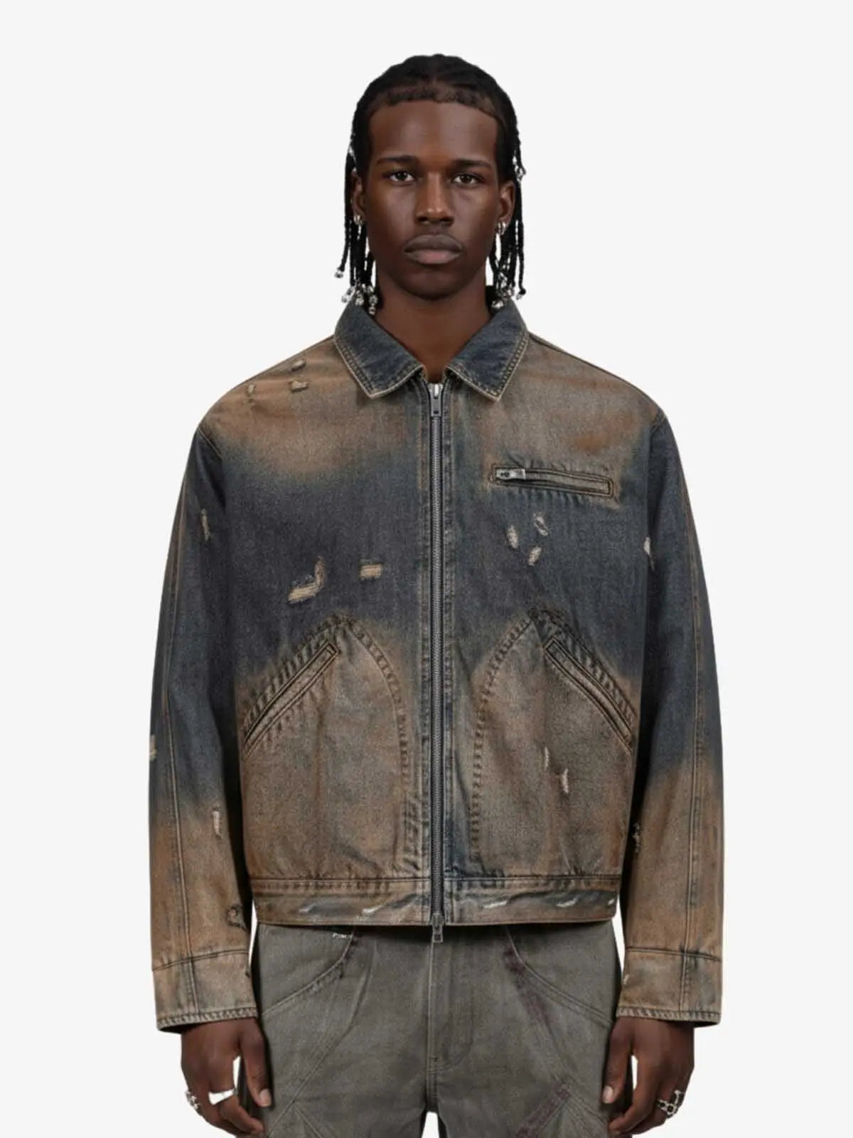 Vintage Washed Distressed Denim Zip Up Jacket Vintage Washed Distressed Denim Zip Up Jacket
