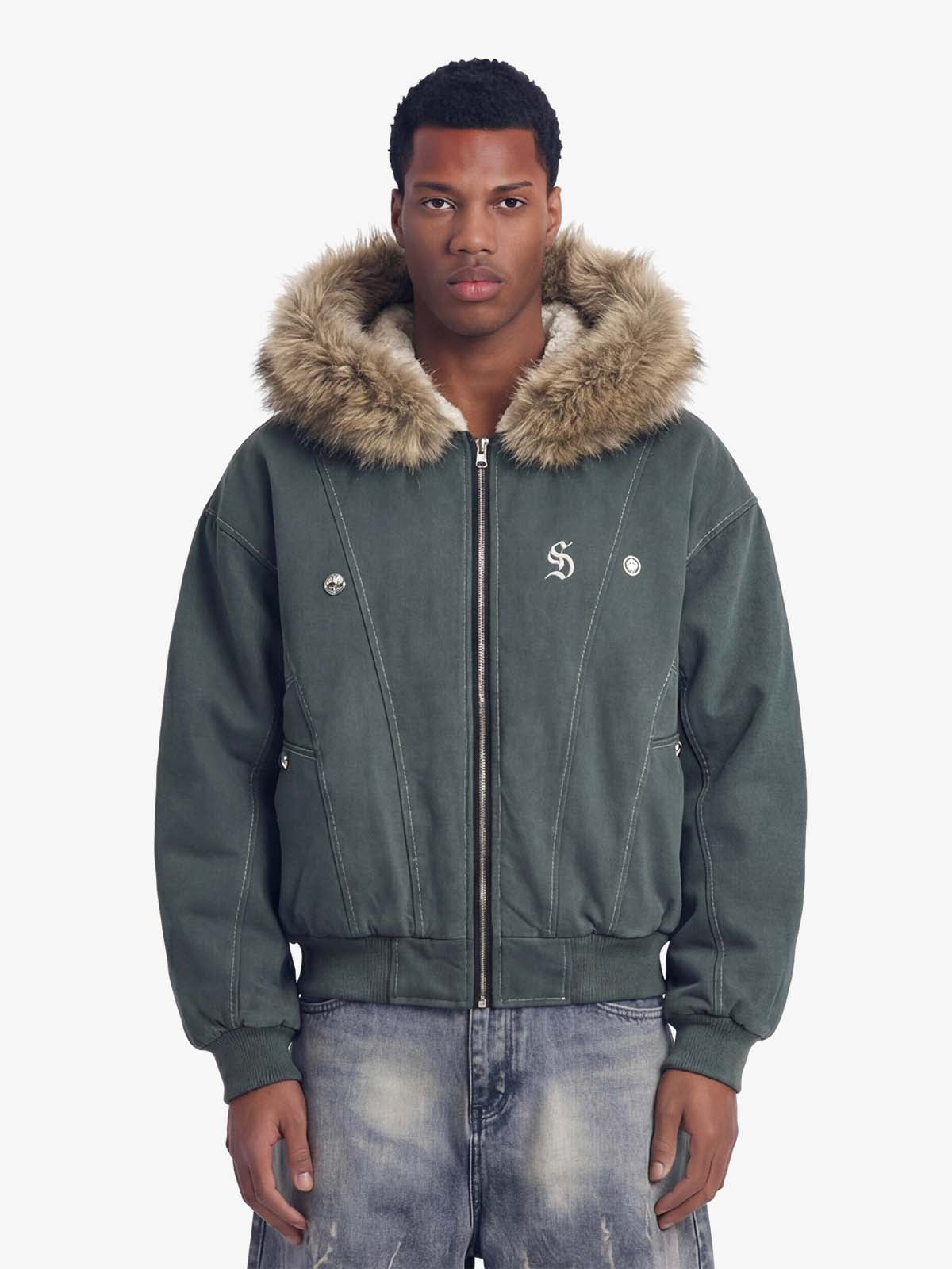 Faux Fur Lined Zip Up Winter Hooded Bomber Jacket Faux Fur Lined Zip Up Winter Hooded Bomber Jacket