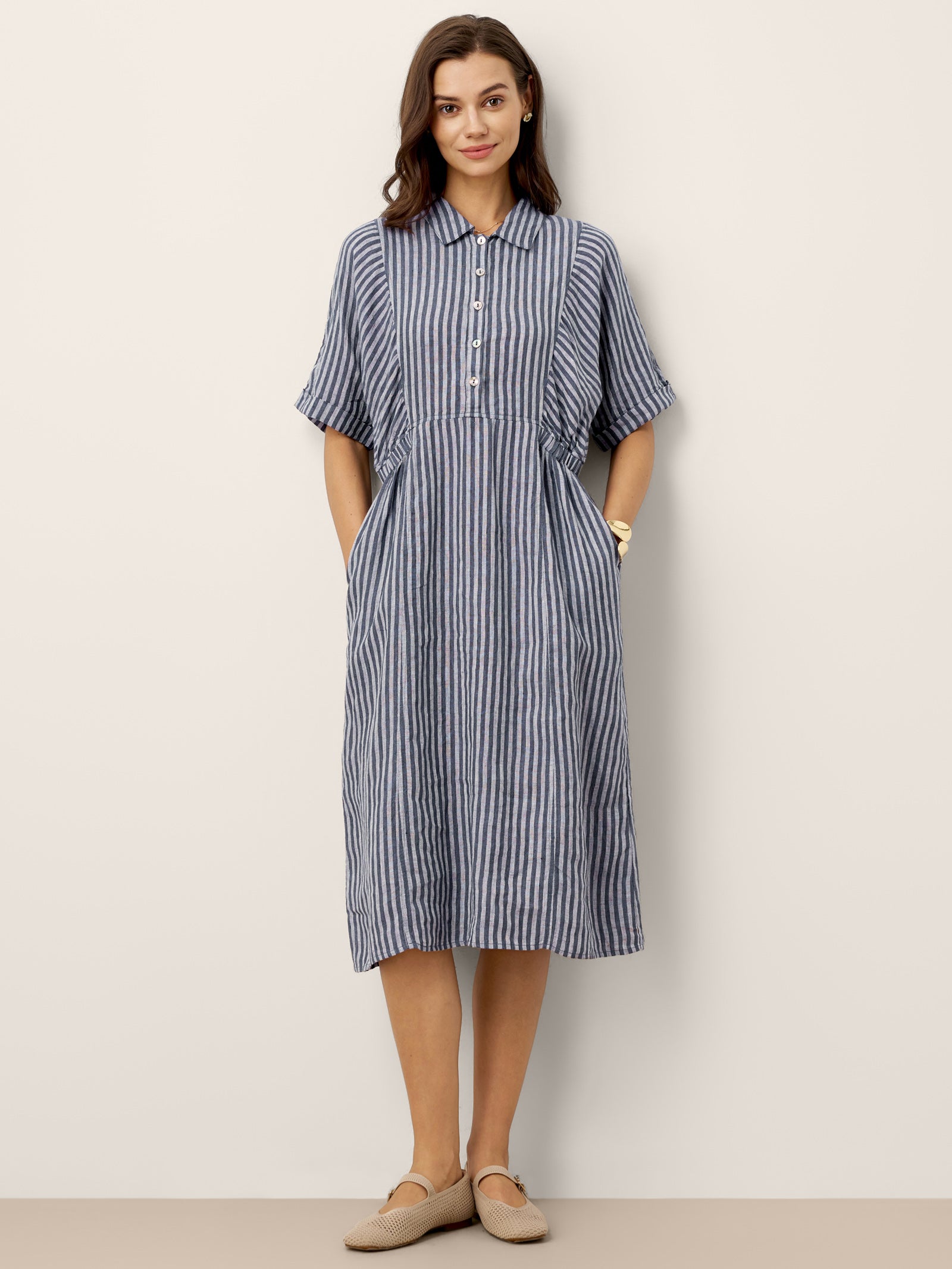 % Linen Striped Buttoned Front Short Sleeve Midi Shirt Dress CASSANDRA % Linen Striped Buttoned Front Short Sleeve Midi Shirt Dress CASSANDRA