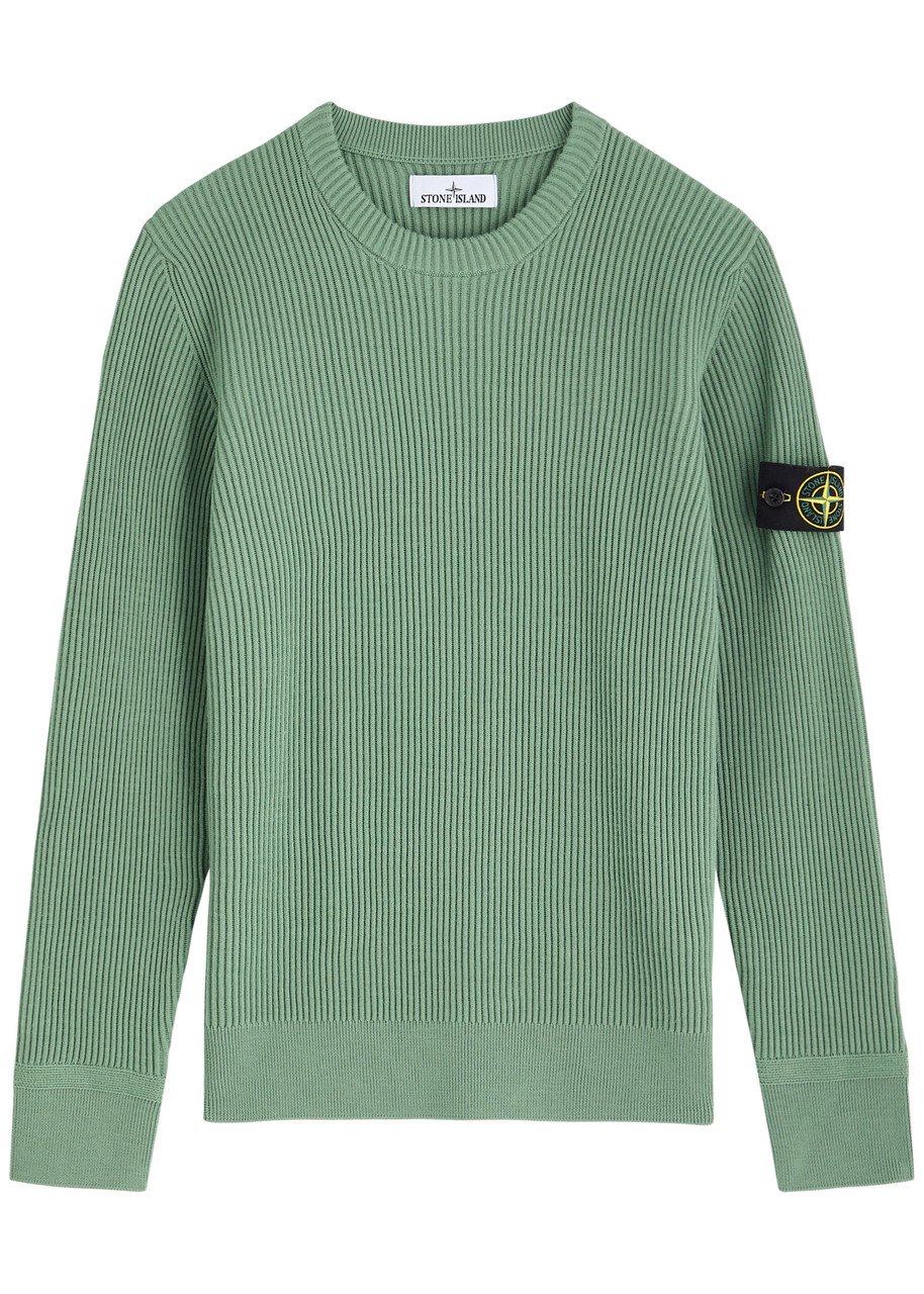 Stone Island Badge Ribbed Wool Jumper – Sage Stone Island Badge Ribbed Wool Jumper – Sage
