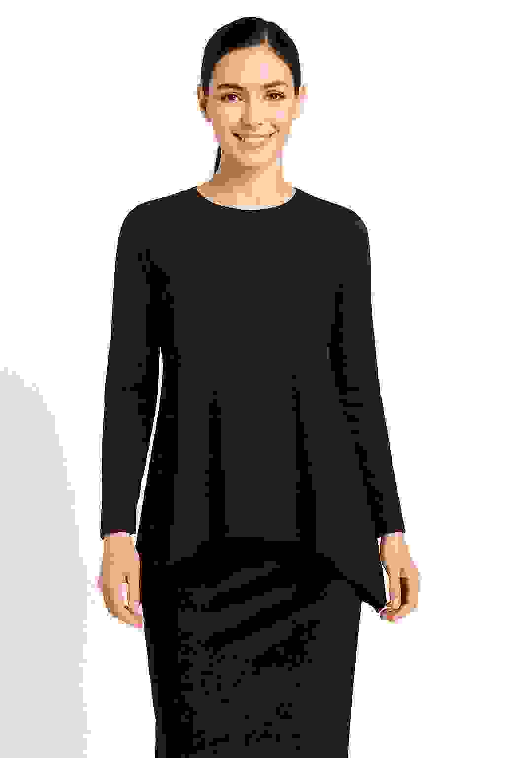 Modest Long Sleeve Handkerchief Tunic Top – Muted Tie-Dye Ribbed Knit – Black Tie-Dye Small Modest Long Sleeve Handkerchief Tunic Top – Muted Tie-Dye Ribbed Knit – Black Tie-Dye Small