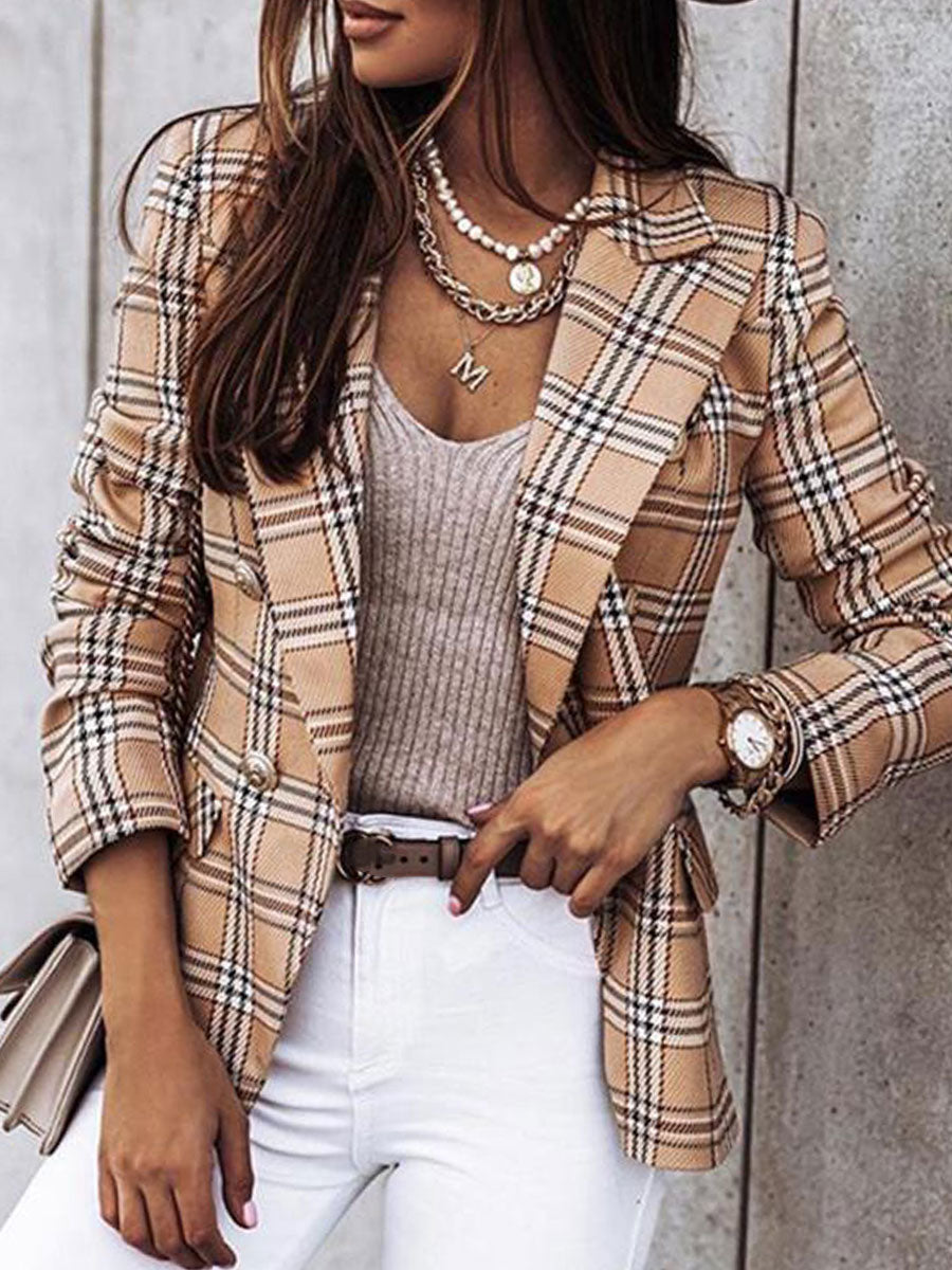 Zeagoo Casual Loose Plaid Blazer – Khaki L-