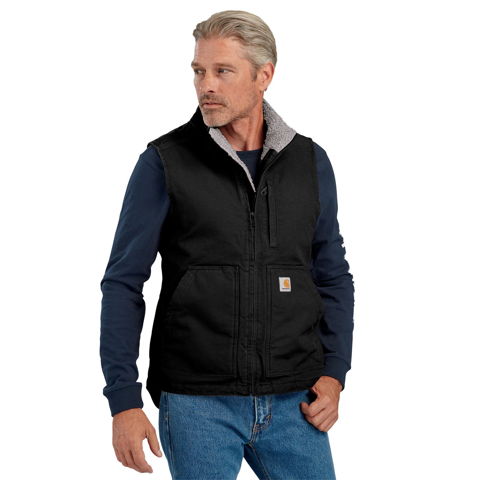 Carhartt Men’s Washed Duck Sherpa-Lined Mock Neck Vest Black Jackets Carhartt Men’s Washed Duck Sherpa-Lined Mock Neck Vest Black Jackets