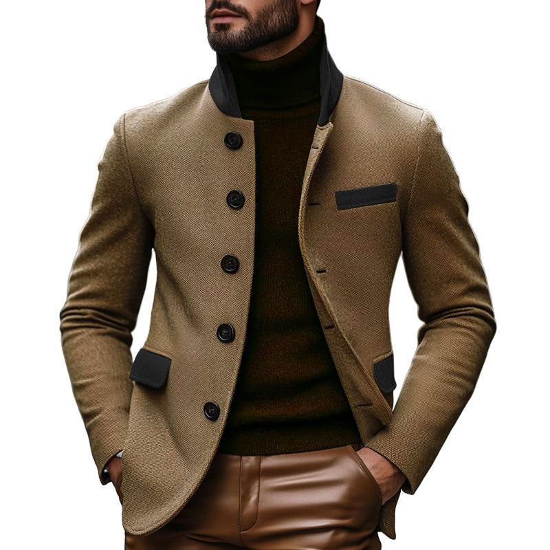 Men’s Vintage Colorblock Wool Blended Stand Collar Slim Blazer M Men’s Vintage Colorblock Wool Blended Stand Collar Slim Blazer M
