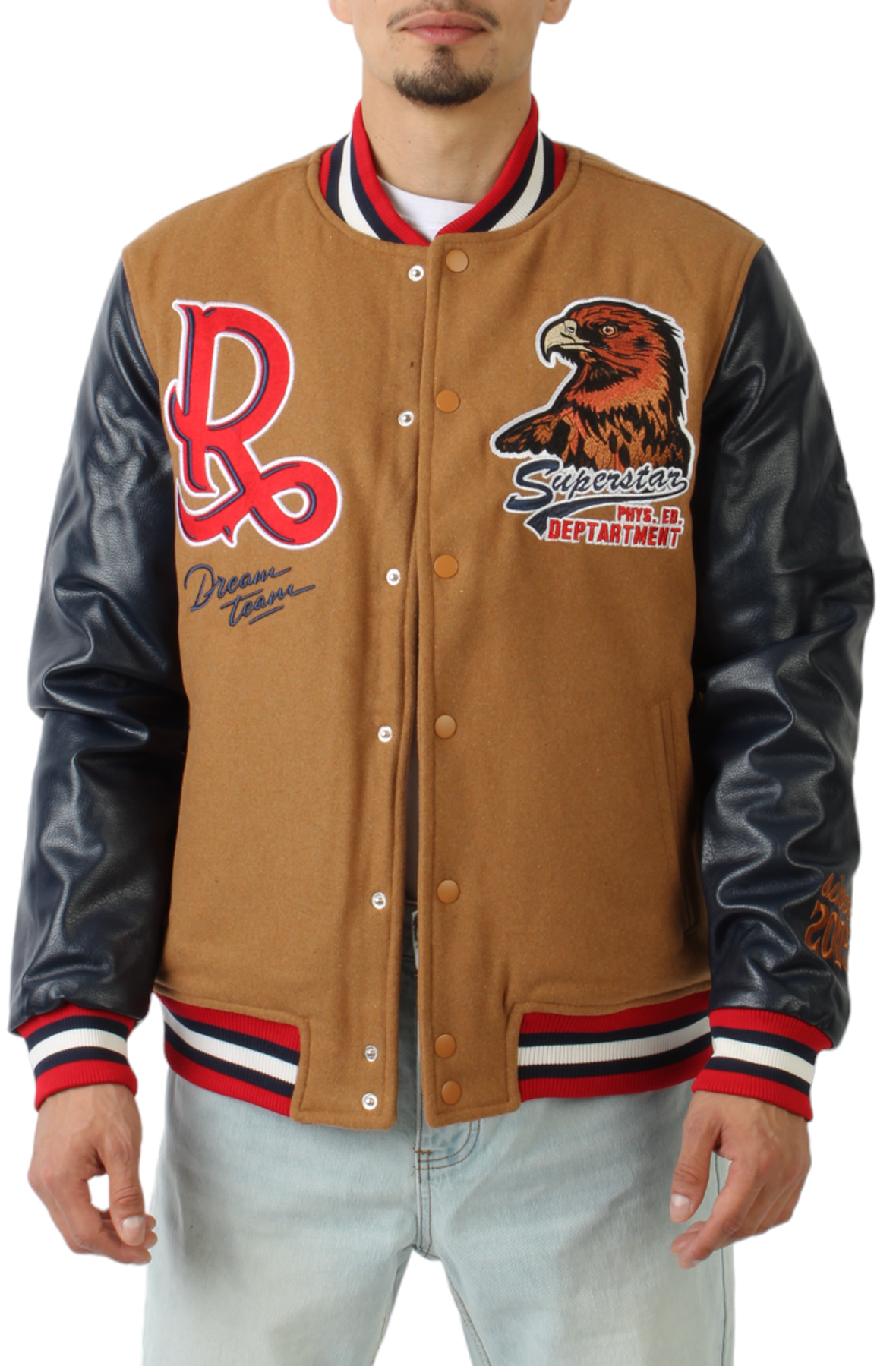 Men All American Varsity Jacket CaramelNavyRed Jackets L CaramelNavyRed