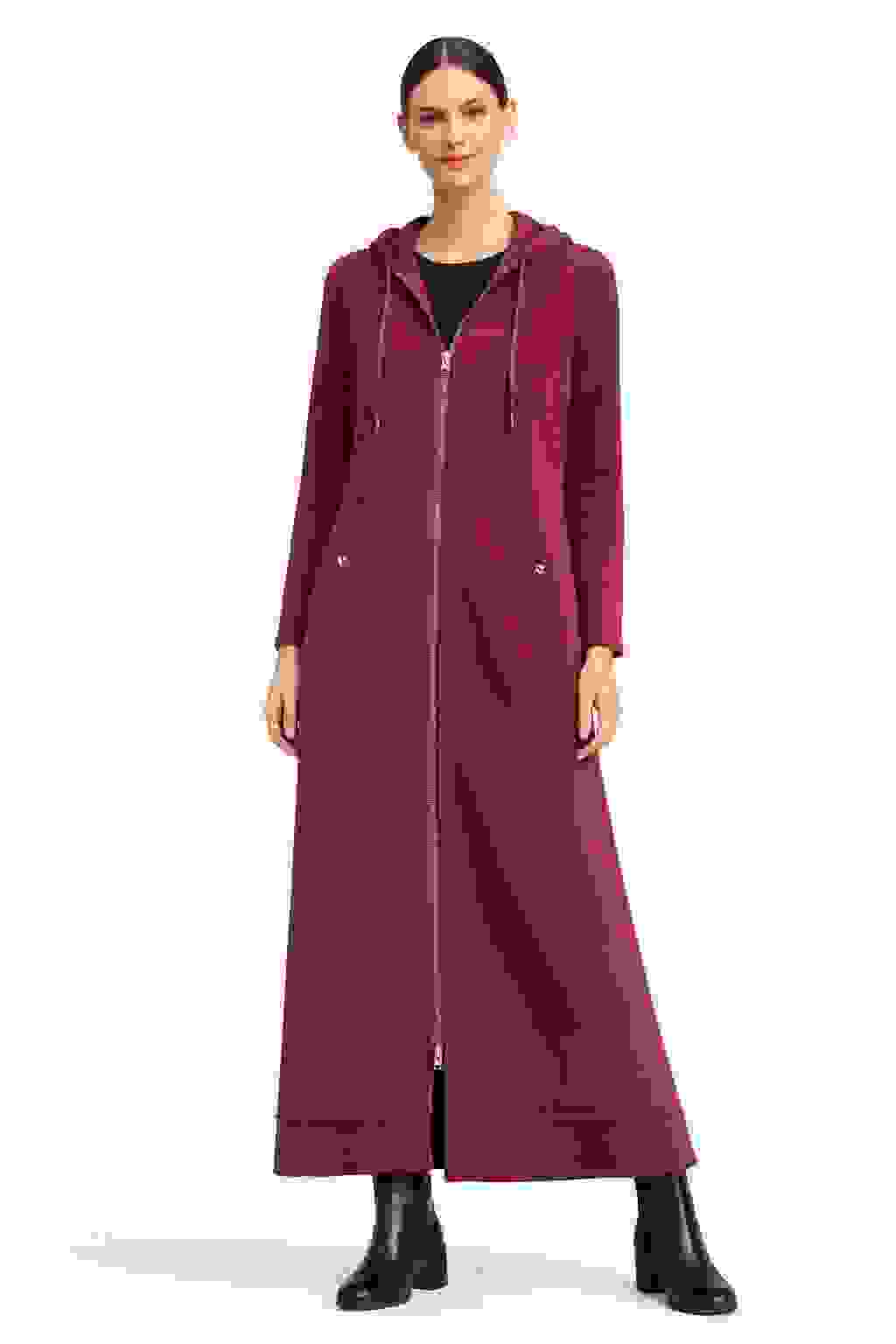 Maxi A-Line Hoodie Coat Dress in Black, Olive & Bordeaux – Bordeaux Medium