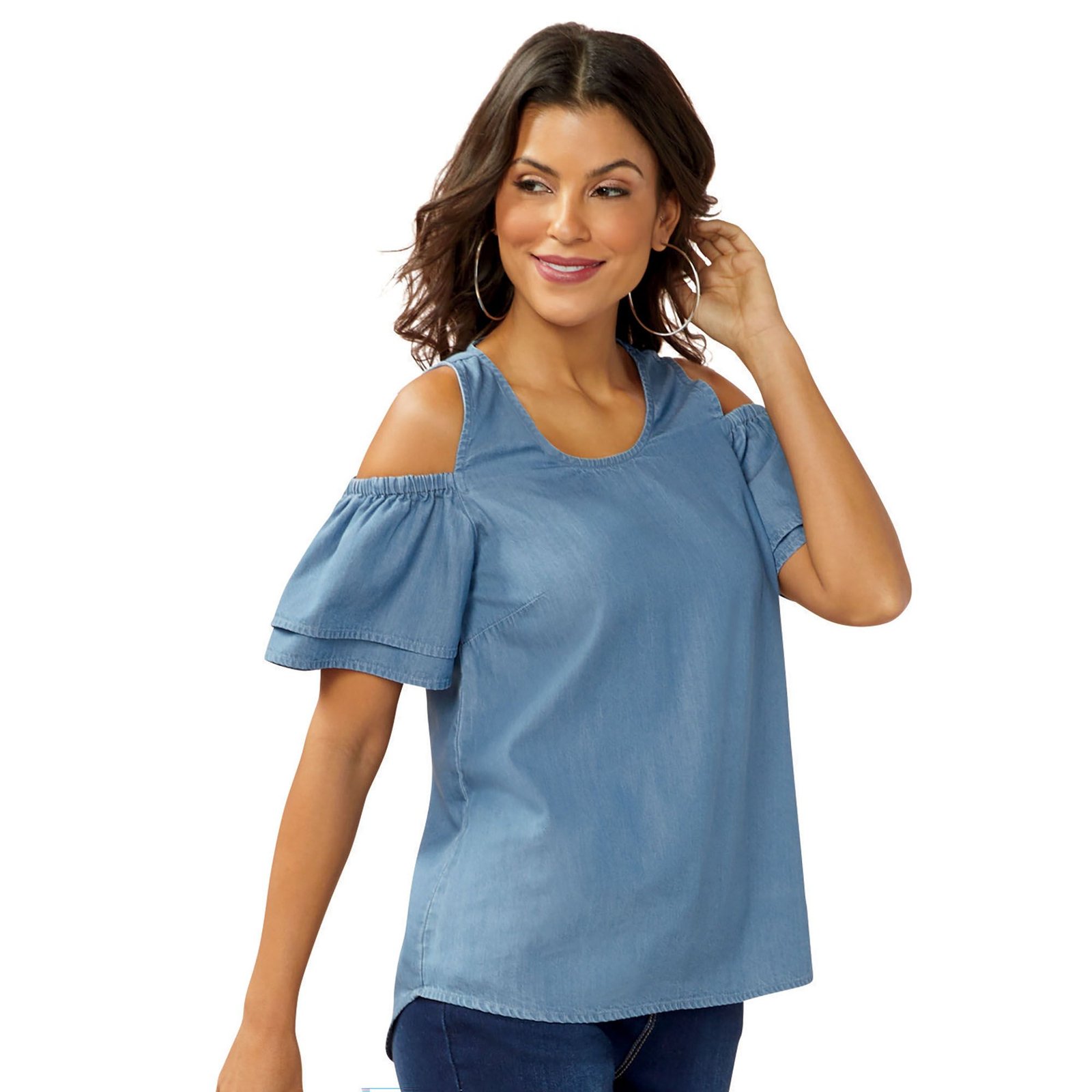 MasseysCold-Shoulder Chambray Denim Shirt Blue Shirts