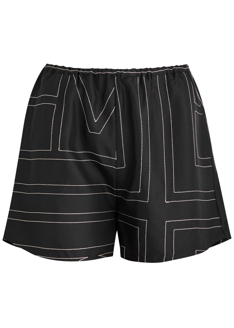 Toteme Logo-embroidered Silk Shorts – Black – Toteme Logo-embroidered Silk Shorts – Black –