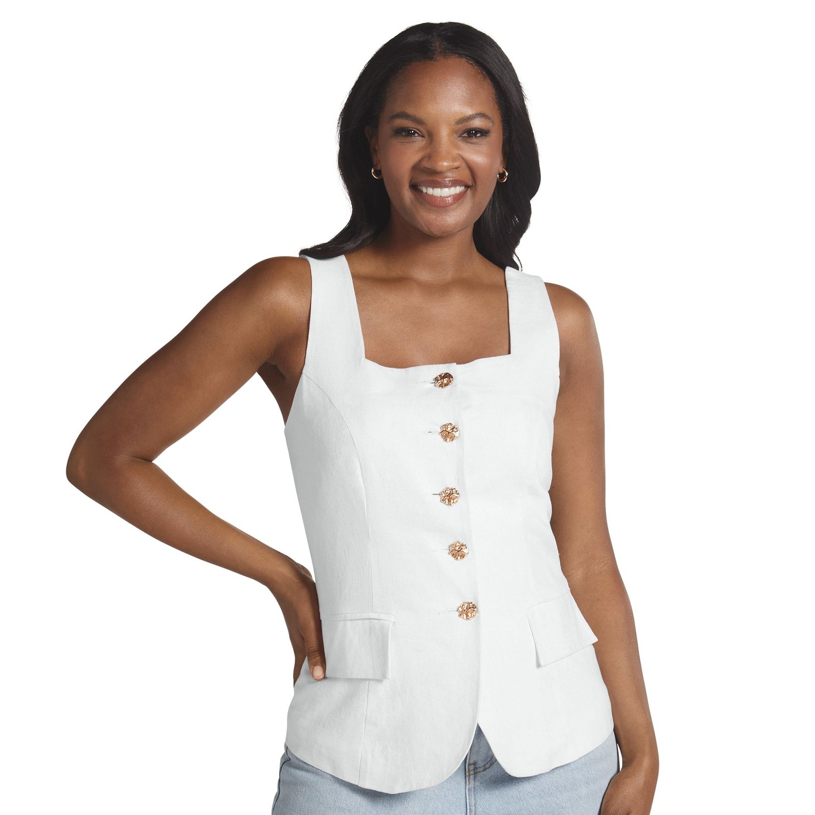 Masseys Hourglass Button-Up Vest White Knit Tops Masseys Hourglass Button-Up Vest White Knit Tops