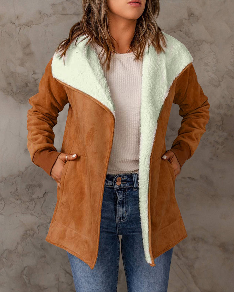 Fleece Long Sleeve Warm Teddy Coat Lapel Cardigan With Pocket – Brown M Fleece Long Sleeve Warm Teddy Coat Lapel Cardigan With Pocket – Brown M