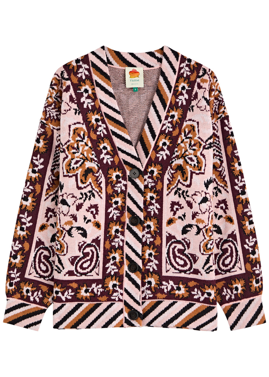 Farm Rio Glam Tapestry Patterned-intarsia Knitted Cardigan – Burgundy – M M Farm Rio Glam Tapestry Patterned-intarsia Knitted Cardigan – Burgundy – M M
