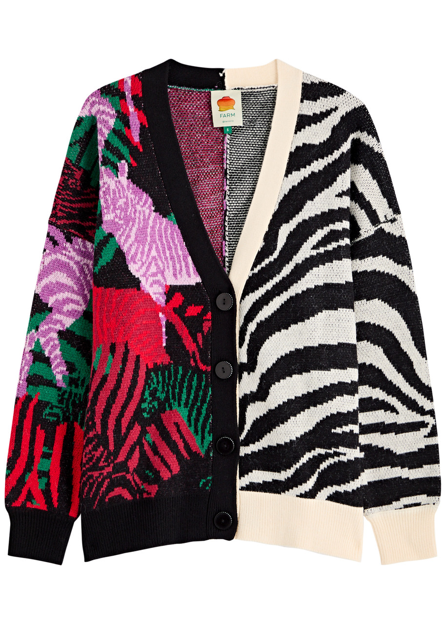 Farm Rio Zebra-intarsia Knitted Cardigan – Black And White – S – S Farm Rio Zebra-intarsia Knitted Cardigan – Black And White – S – S