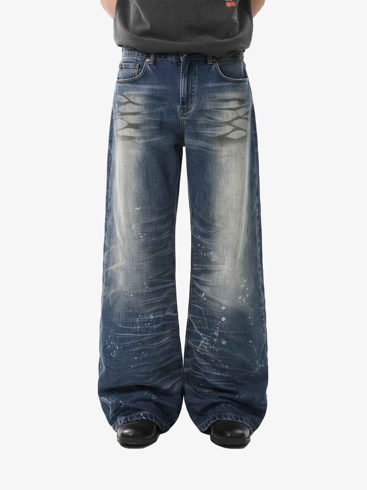 Distressed Washed Paint Splatter Wide Leg Jeans Distressed Washed Paint Splatter Wide Leg Jeans