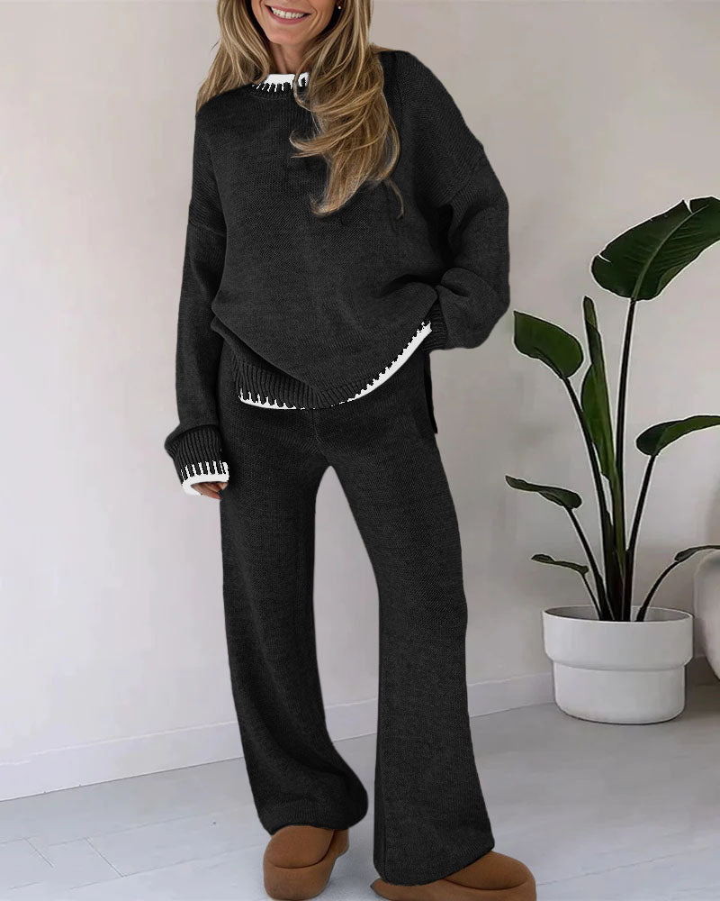 Zeagoo Casual Two-Pieces Outfits Contrast Trim Knitted Jumper and Trousers Sets – Black M