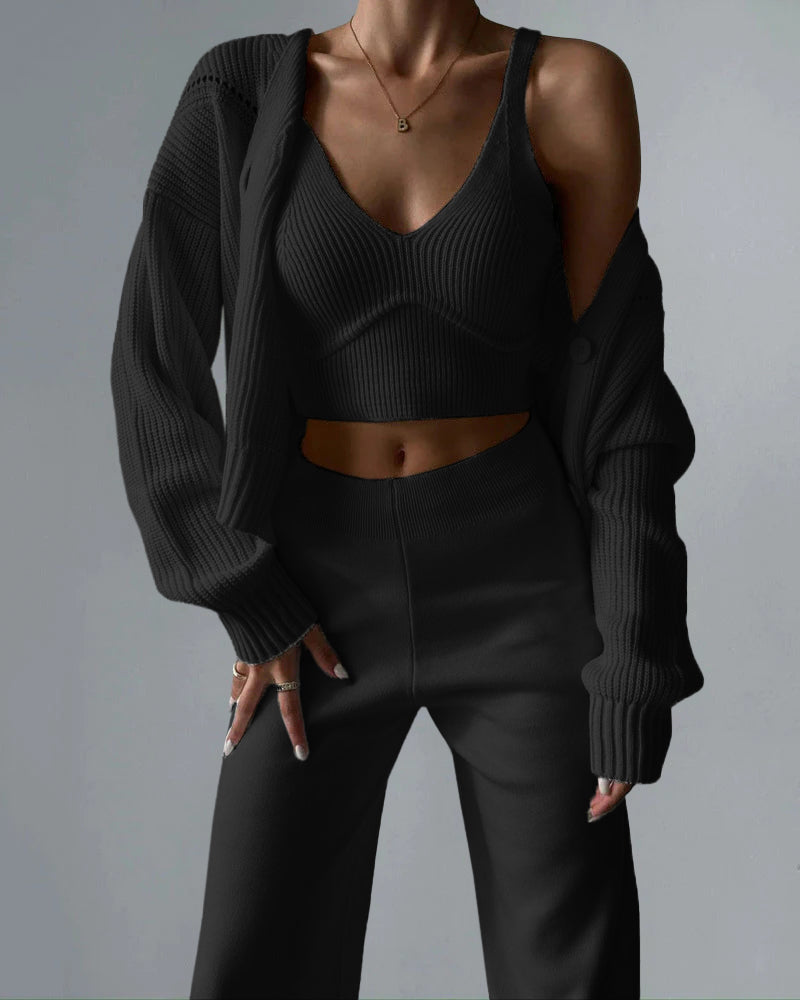 🔥Limited Days & Lowest Price Chic V-neck Knitted Three-piece Set Crop Vest and Sweater Cardigan & Solid Wide Leg Pants – Black S 🔥Limited Days & Lowest Price Chic V-neck Knitted Three-piece Set Crop Vest and Sweater Cardigan & Solid Wide Leg Pants – Black S