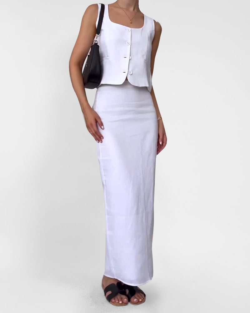 Slim Fit Vest Casual Skirts Set – White L- Slim Fit Vest Casual Skirts Set – White L-
