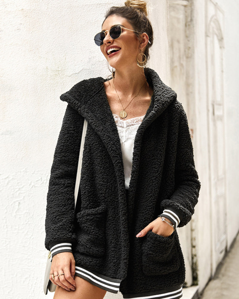 Hooded Fleece Loose Cardigans Coat – Black L-