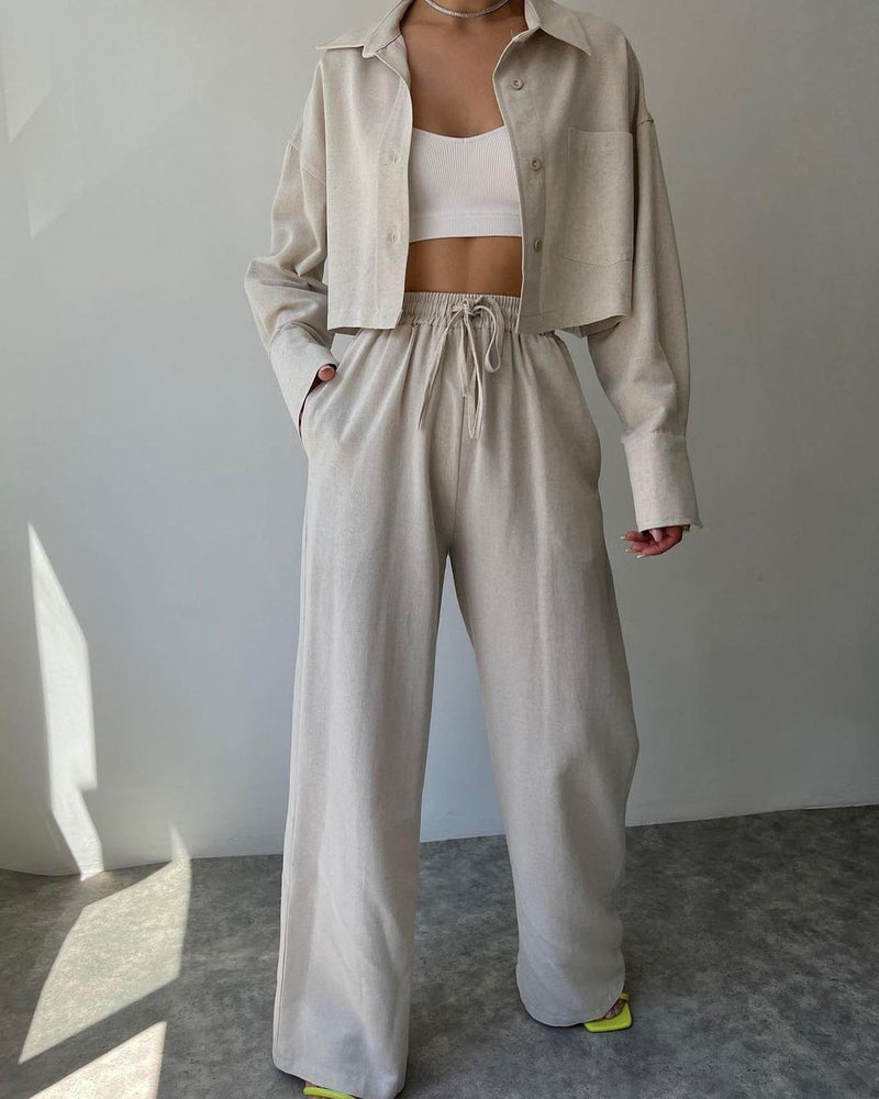 Two Piece Outfits Casual Lounge Sets Long Sleeve Short Casual Shirt with Drawstring Trousers Set – Apricot L- Two Piece Outfits Casual Lounge Sets Long Sleeve Short Casual Shirt with Drawstring Trousers Set – Apricot L-