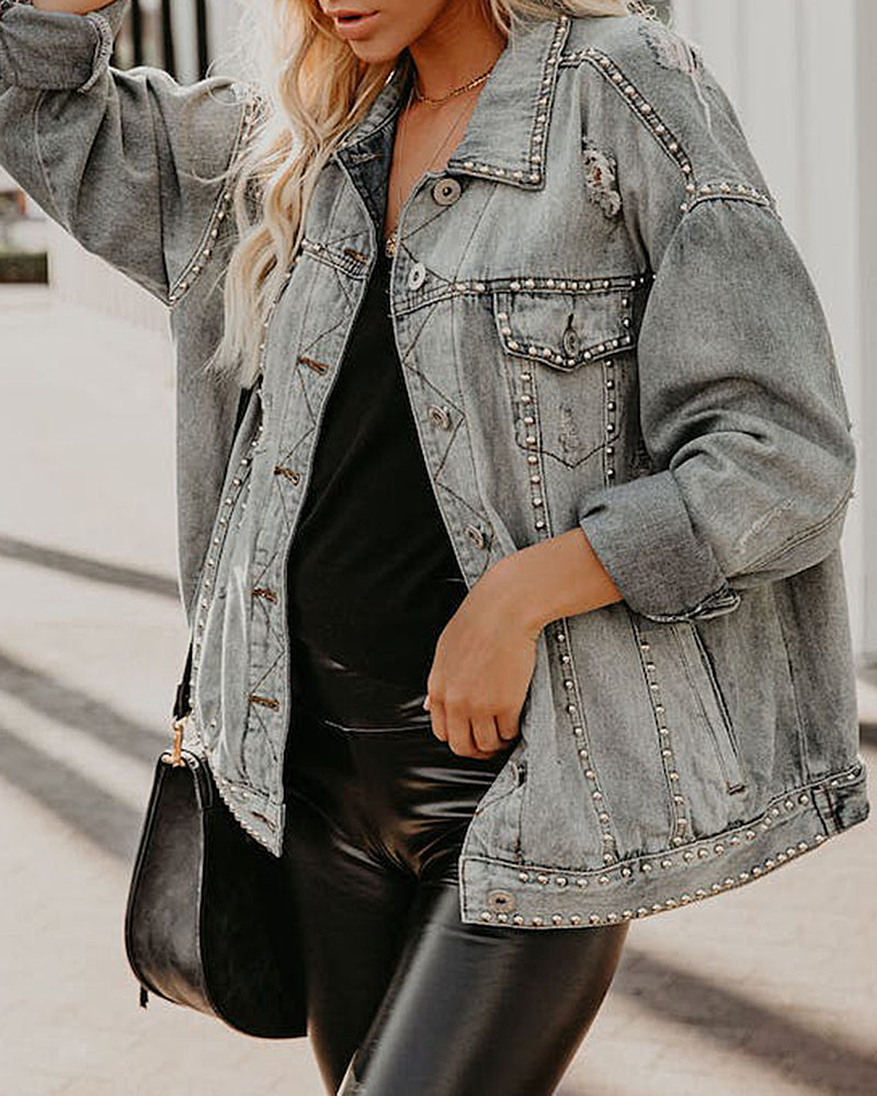Loose Rivet Beading Ripped Cropped Denim Jacket – Grey S Loose Rivet Beading Ripped Cropped Denim Jacket – Grey S