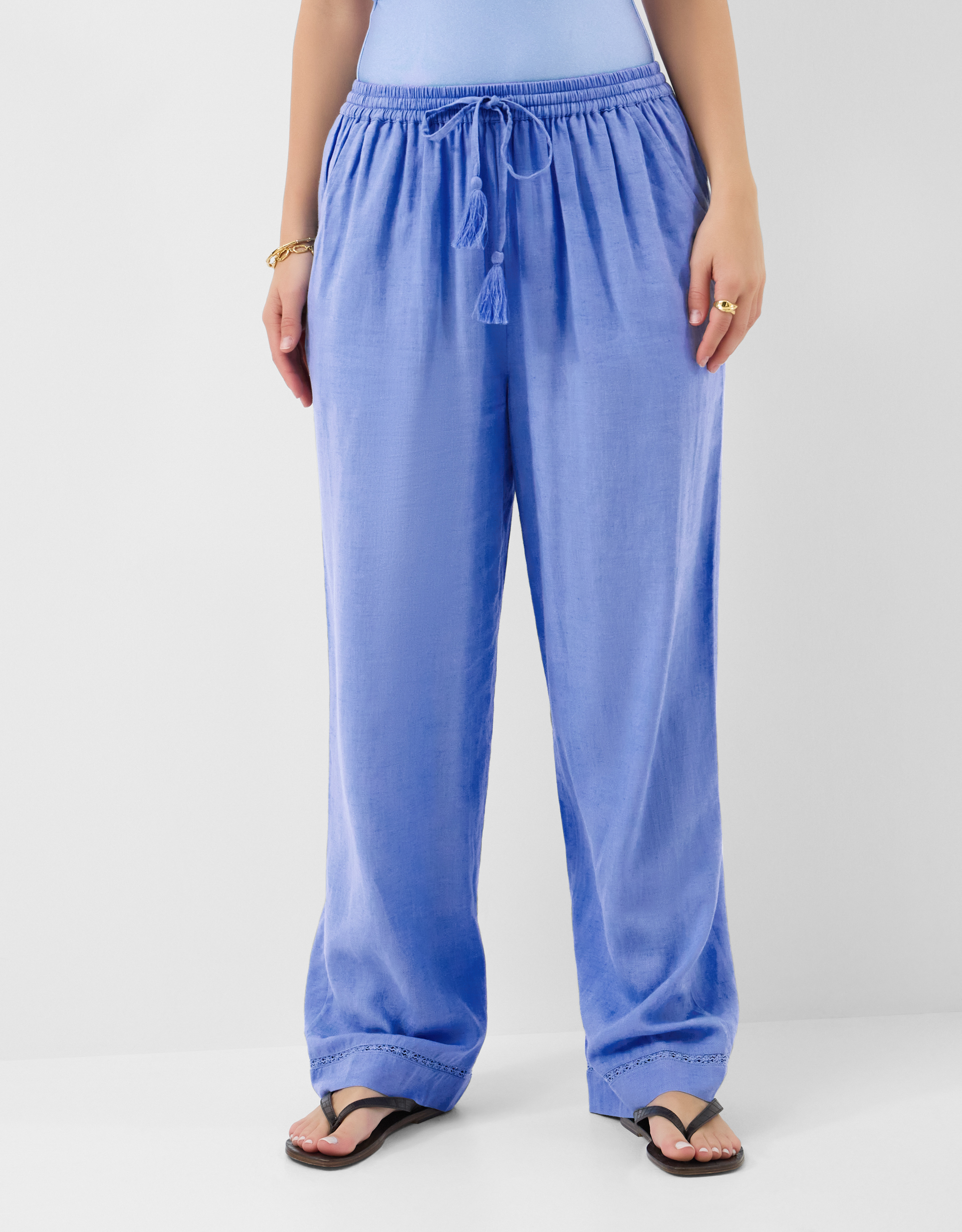 Lace Trim Wide Leg Beach Trousers Blue, Size: Lace Trim Wide Leg Beach Trousers Blue, Size: