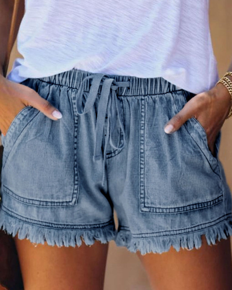 Zeagoo Denim Shorts Casual Drawstring Elastic Waist Summer Frayed Tencel Short Jeans With Pockets – Blue Zeagoo Denim Shorts Casual Drawstring Elastic Waist Summer Frayed Tencel Short Jeans With Pockets – Blue