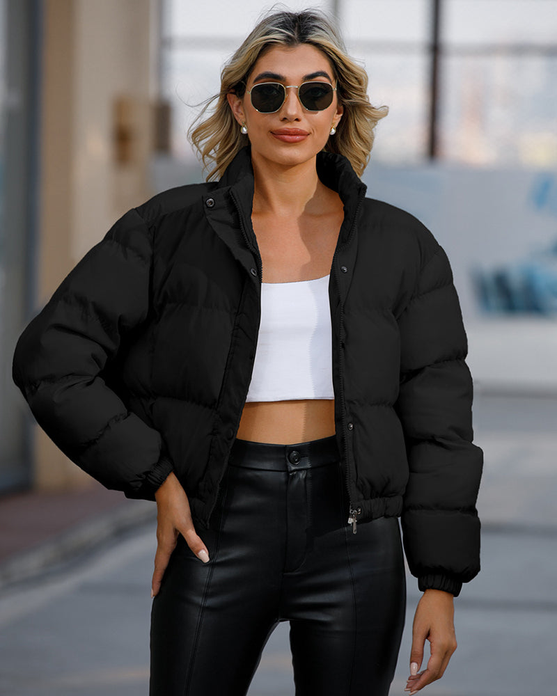 Short Puffer Jacket Stands Up Button Zipper Outerwear – Black L- Short Puffer Jacket Stands Up Button Zipper Outerwear – Black L-