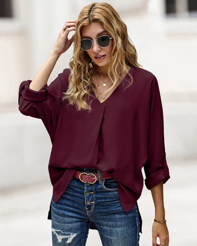 Zeagoo V-Neck Long Sleeve Buckle Shirt Plain Shirts Shirt Top Elegant Shirts Casual Slim Fit Basic – Wine Red S
