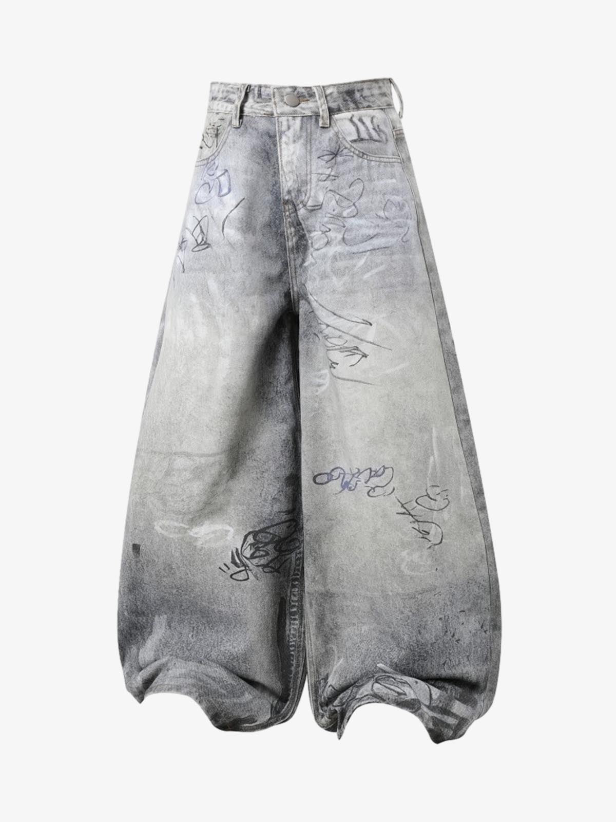 Hand Drawn Scribble Print Baggy Jeans Hand Drawn Scribble Print Baggy Jeans