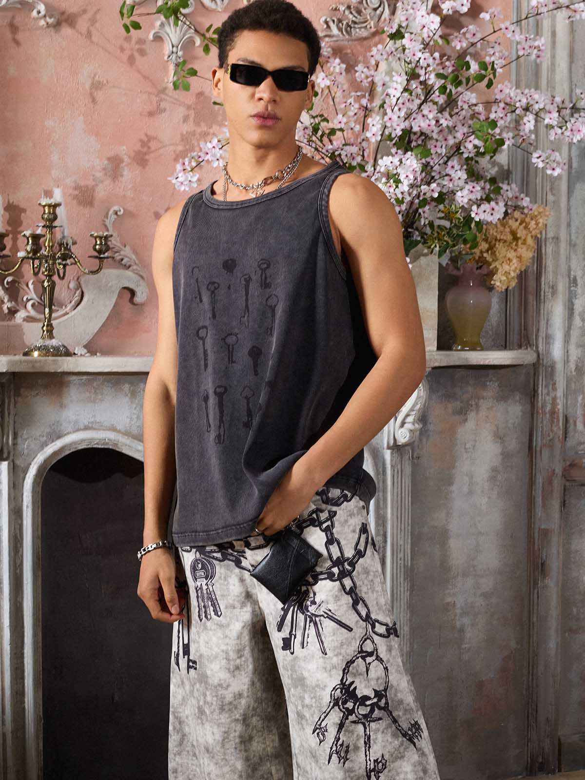 Washed Distressed Key Print Vest Washed Distressed Key Print Vest