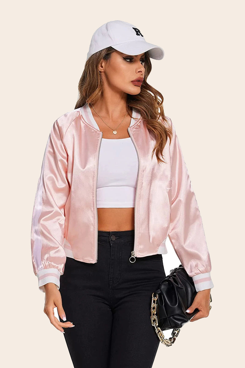 Striped Biker Jacket Zip Up Bomber Jacket – Zeagoo- Pink Striped Biker Jacket Zip Up Bomber Jacket – Zeagoo- Pink