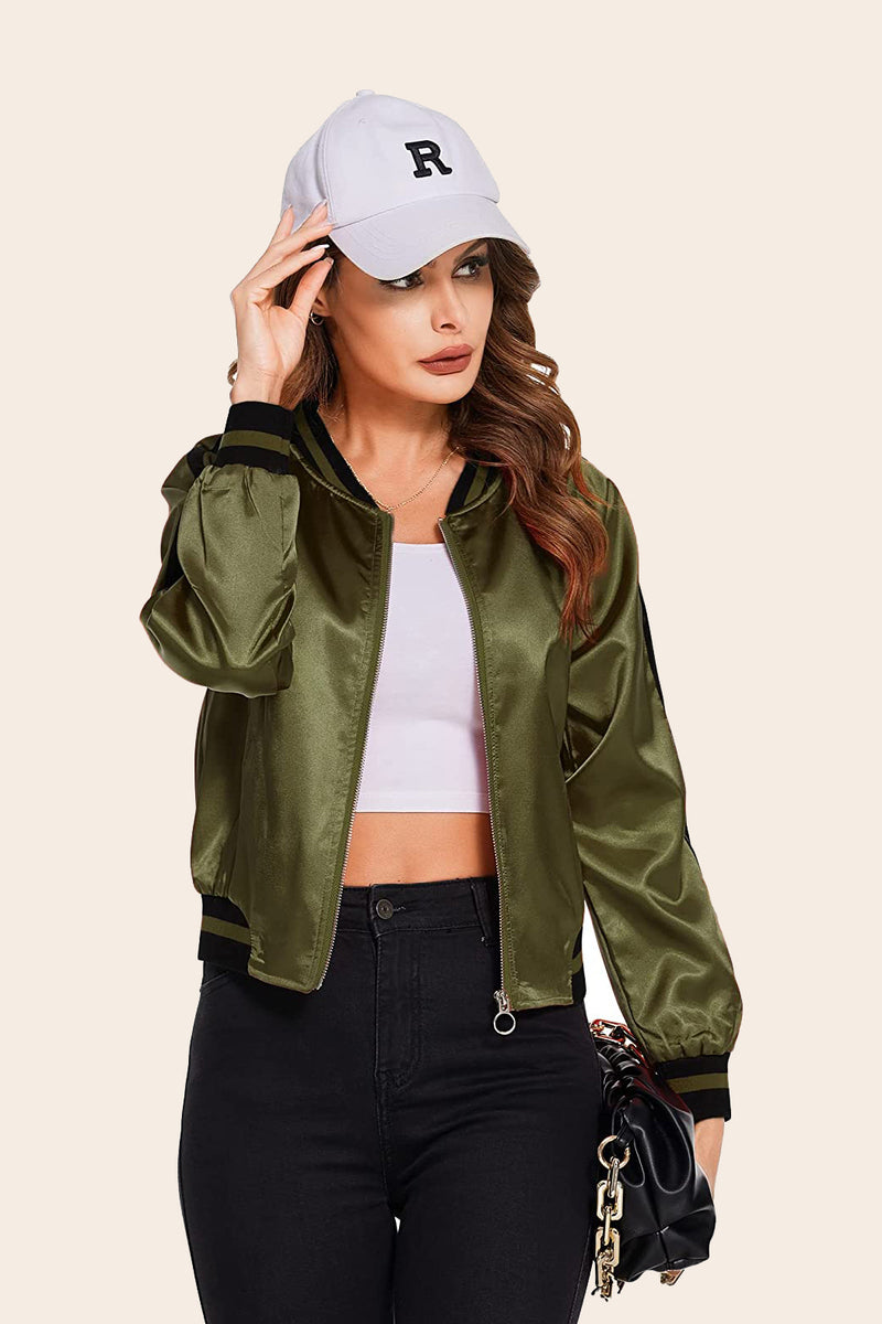 Striped Biker Jacket Zip Up Bomber Jacket – Zeagoo- Army Green L- Striped Biker Jacket Zip Up Bomber Jacket – Zeagoo- Army Green L-