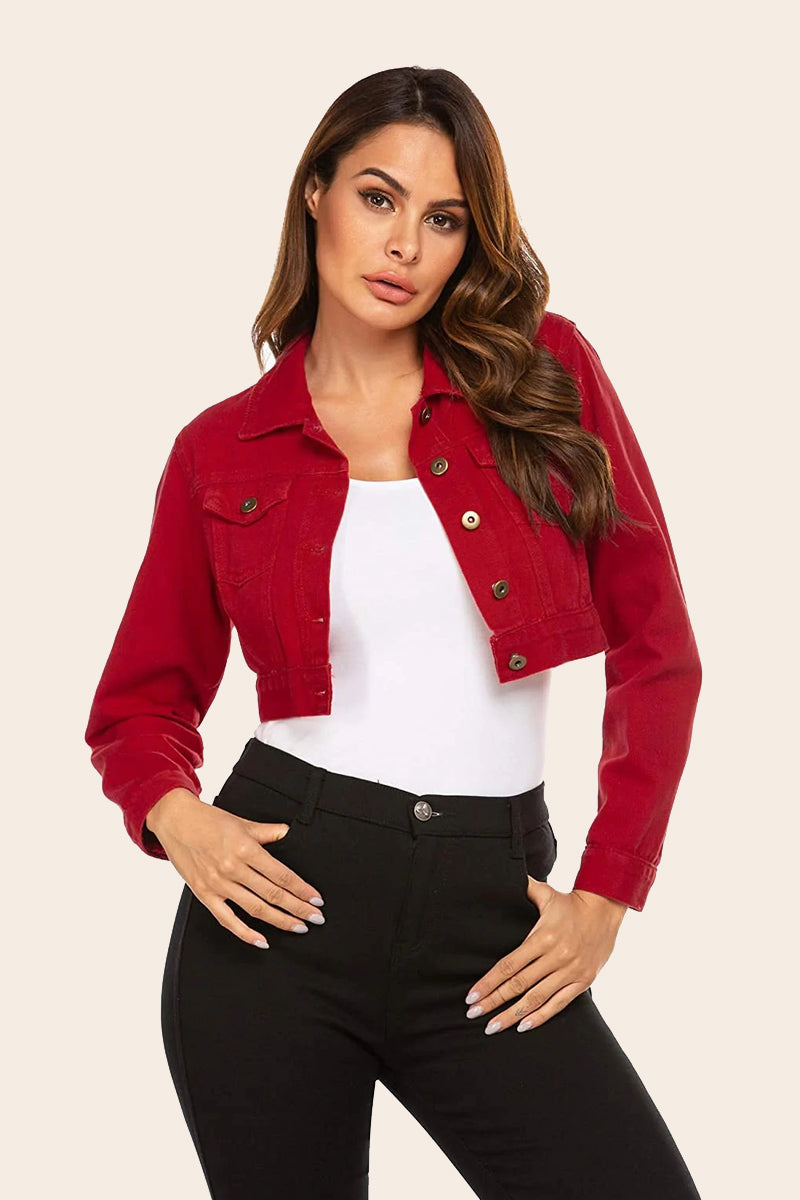 Zeagoo Cropped Denim Jean Jacket – Red Zeagoo Cropped Denim Jean Jacket – Red