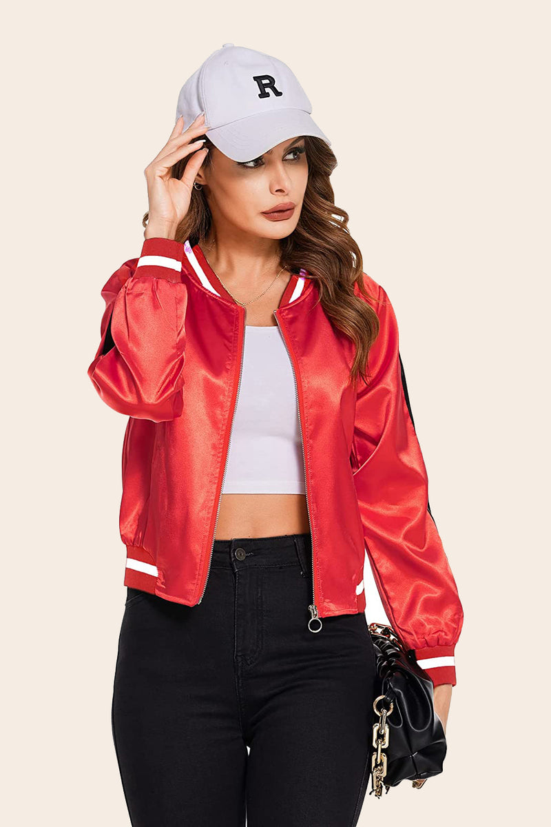 Striped Biker Jacket Zip Up Bomber Jacket – Zeagoo- Red S Striped Biker Jacket Zip Up Bomber Jacket – Zeagoo- Red S