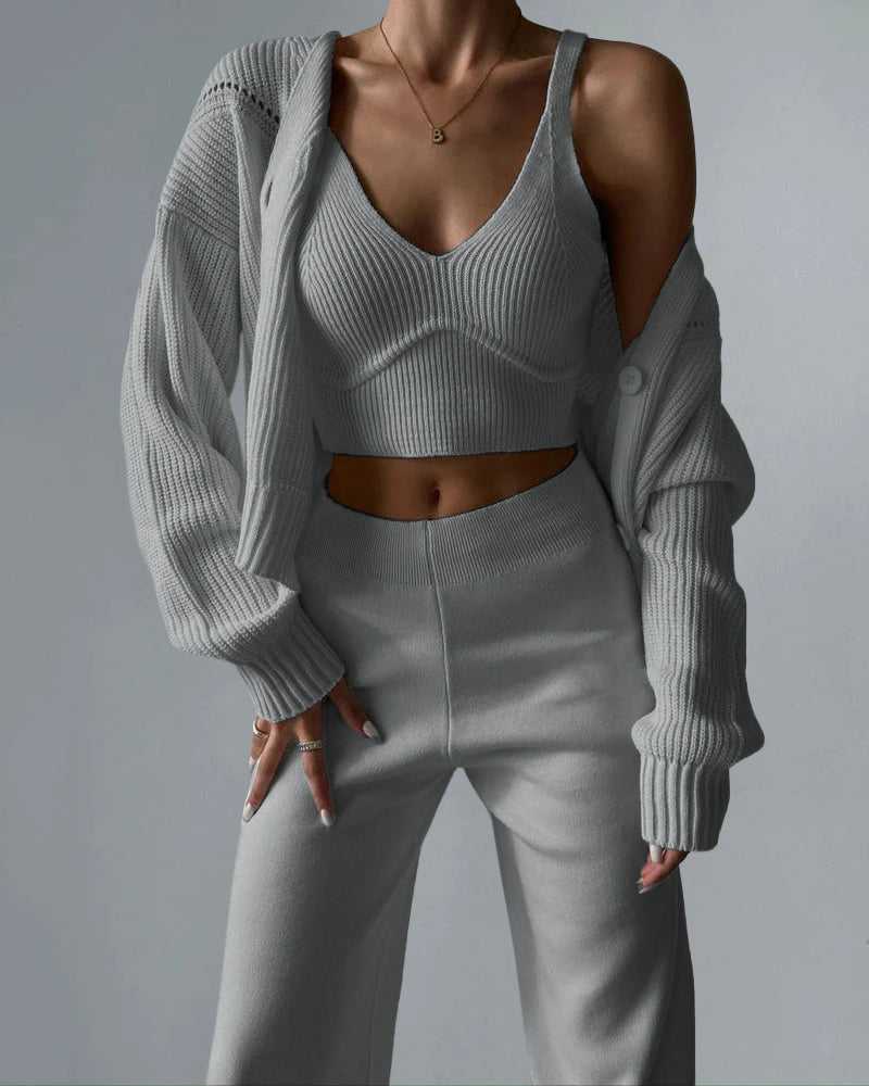 🔥Limited Days & Lowest Price Chic V-neck Knitted Three-piece Set Crop Vest and Sweater Cardigan & Solid Wide Leg Pants – Grey S 🔥Limited Days & Lowest Price Chic V-neck Knitted Three-piece Set Crop Vest and Sweater Cardigan & Solid Wide Leg Pants – Grey S